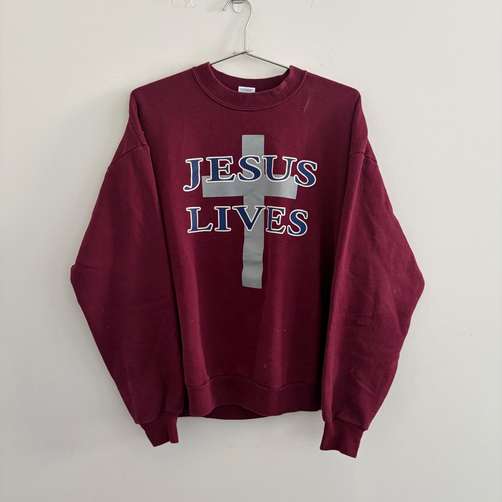Vintage Jerzees Jesus Lives Cross Sweatshirt XL Maroon Red USA Made
